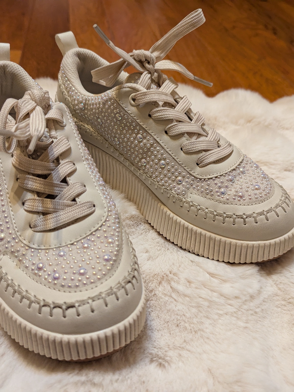 Pearl-Embellished Cream Platform Sneakers